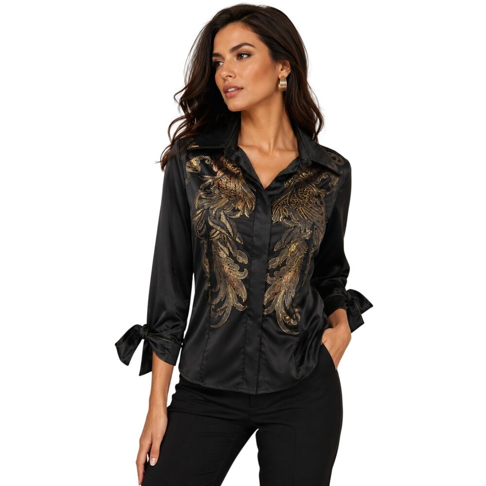 Just Cavalli Satin Glitter Embellished Button-Up Shirt Black Women's Size 46
